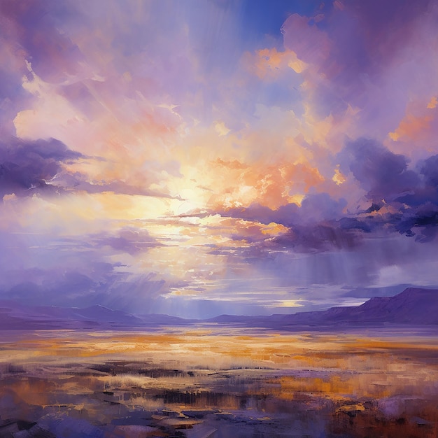 Expansivos céus violetas claras paisagens de âmbar