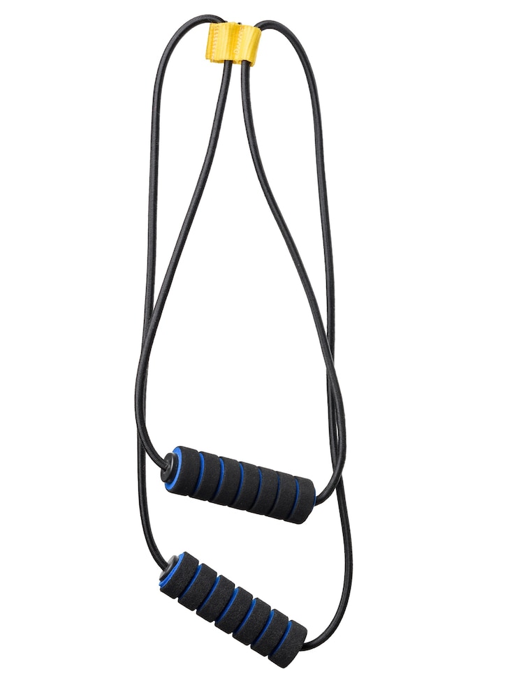 Foto expansor esportivo preto com alças de neoprene isoladas no fundo branco, close-up