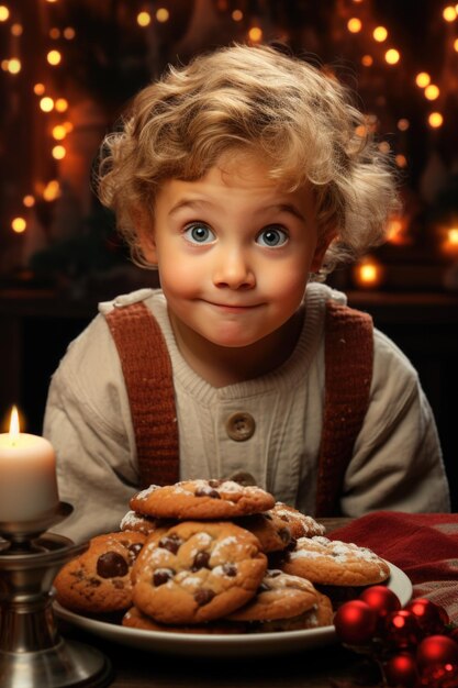 Foto una expectativa inocente los ojos de un niño llenos de deleite fijados en un plato de galletas recién horneadas