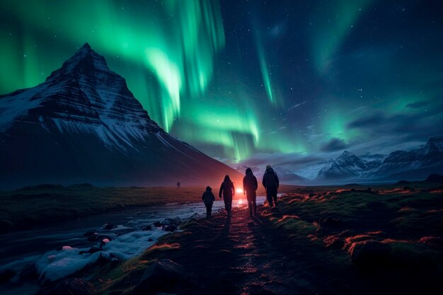 Expedição da Aurora Boreal caminhando sob a Aurora Boreal no país nevado da Lapônia