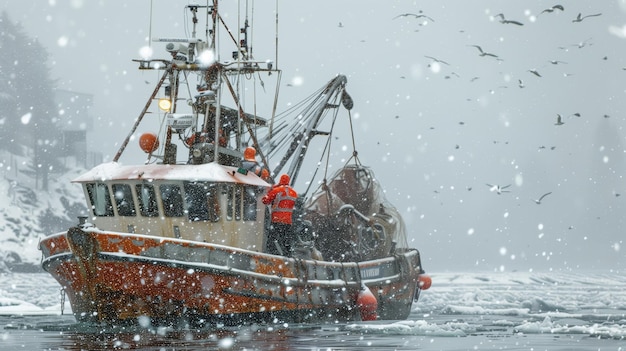 Expedição de pesca de inverno em meio à nevasca