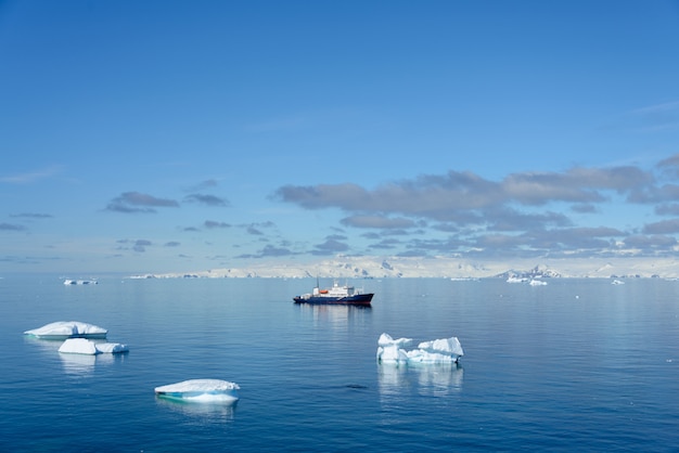 Expedición en el mar antártico con icebergs