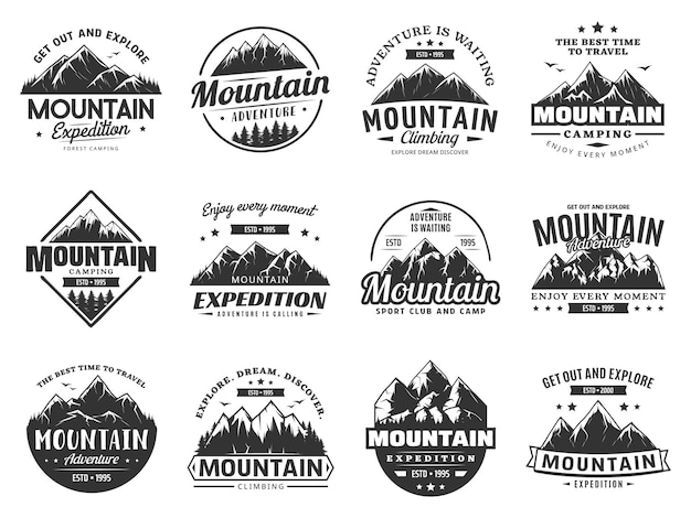 Expedición de montaña e iconos vectoriales de escalada en roca