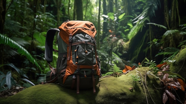 Expedition Rucksack steht im exotischen Dschungelwald