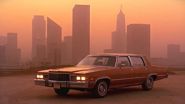 Expensivo coche retro al estilo de los años 70 en la calle urbana con cielo naranja
