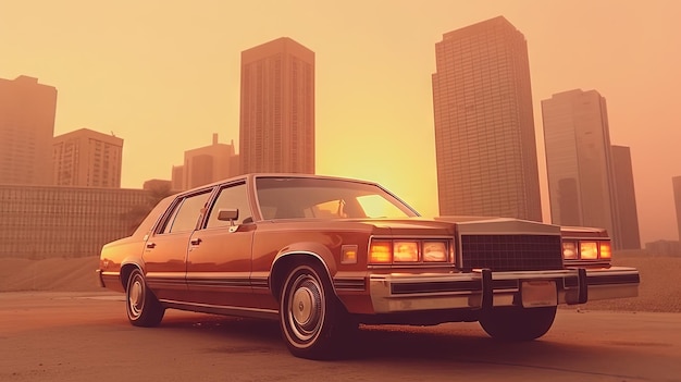 Expensivo coche retro al estilo de los años 70 en la calle urbana con cielo naranja