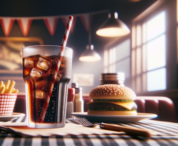 Foto experiência clássica de um restaurante americano com hambúrguer e refrigerante sujo.