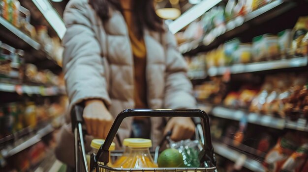 Experiencia de compras de comestibles Mujer explorando los pasillos de la tienda