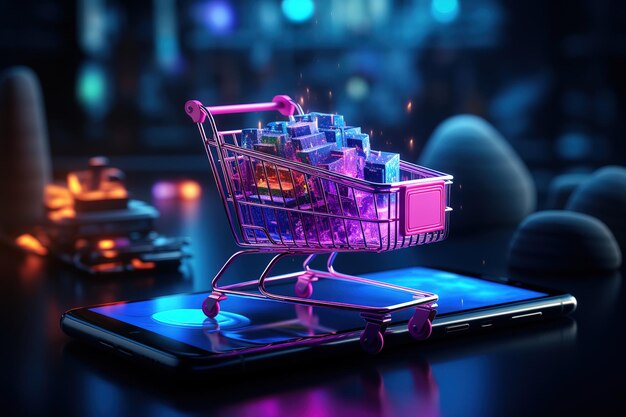Experiencia de compras digitales un carrito lleno de coloridas mercancías virtuales brillantes que representan el