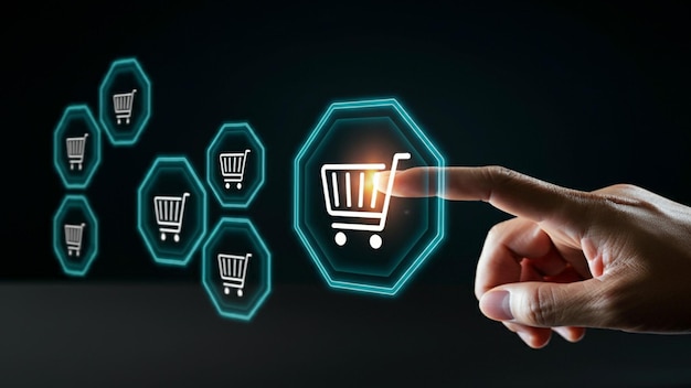 Experiencia de compras digitales con íconos interactivos de comercio electrónico y diseño de interfaz futurista