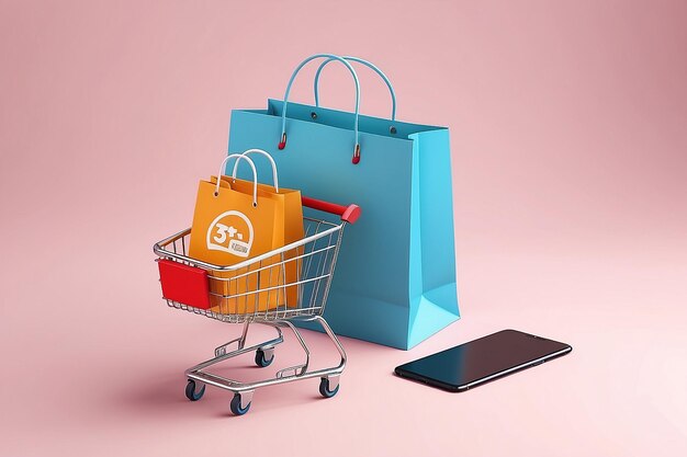 Experiencia de compras sin problemas Renderización vectorial 3D de la bolsa de compras en línea para un producto fácil Añadir al carrito Comercio electrónico simplificado