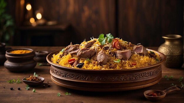 experiência culinária com uma vista lateral de um prato tradicional de cordeiro biryani mesa de madeira serve como t