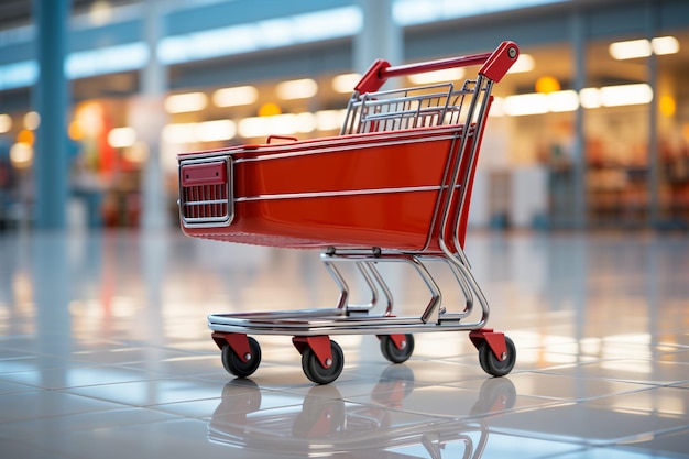 Experiência de compra minimalista Carrinho vermelho vazio em um fundo branco de corredor de supermercado