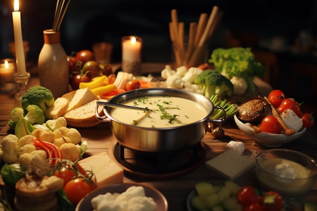 Experiência de fondue de queijo gourmet com uma variedade