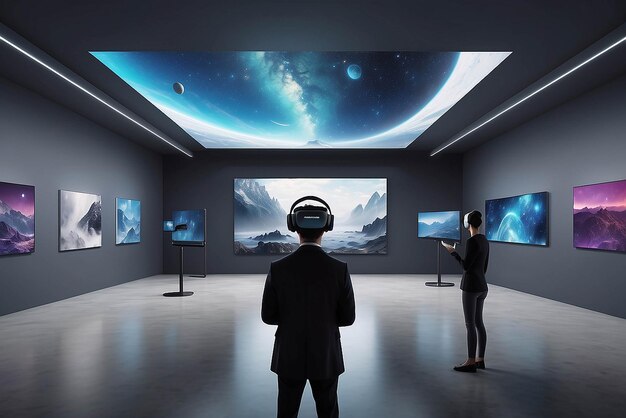 Foto experiência de leilão de arte de realidade virtual em uma galeria futurista com licitação e atualizações em tempo real