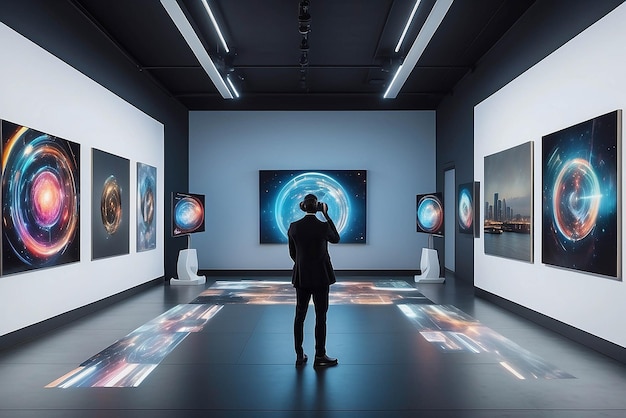 Foto experiência de leilão de arte de realidade virtual em uma galeria futurista com licitação e atualizações em tempo real