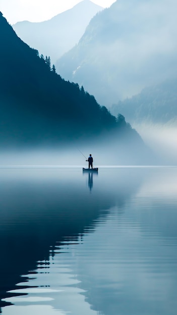 Experiência de pesca em um lago sereno ao amanhecer