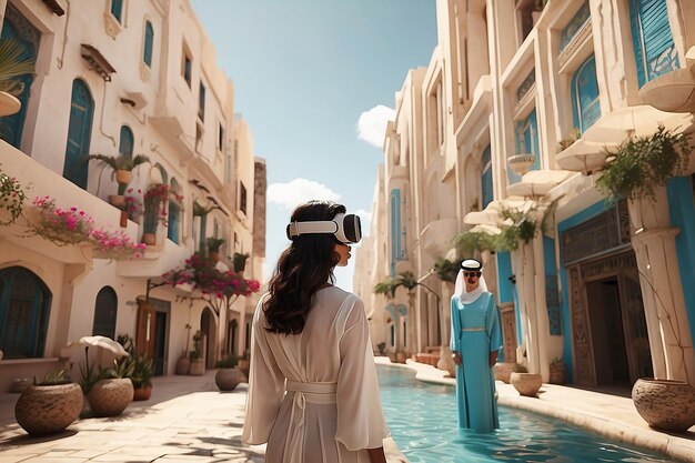 Foto experiência de realidade virtual 3d que explora distritos do futurista neom city tradição modernidade