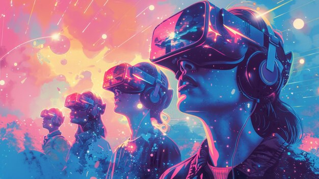 Experiência de realidade virtual colorida com um grupo de pessoas e visuais vibrantes