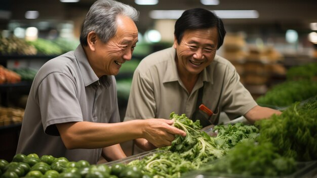 Experiencia experimentada Empleado de supermercado de 60 años ofrece verduras frescas con una sonrisa