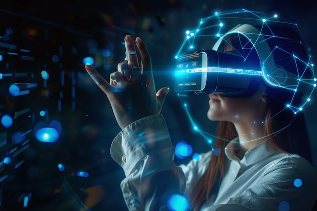 Experiencia futurista de realidad virtual Mujer que usa auriculares de realidad virtual para una interacción digital inmersiva