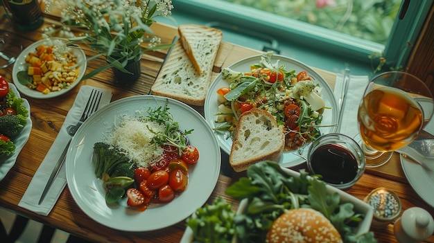 Experiencia gastronómica con ensalada saludable pan artesanal y vino junto a la ventana