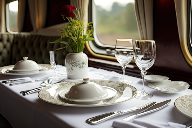 Experiencia gastronómica refinada en un tren de lujo con platos y cubiertos de porcelana de lino fino
