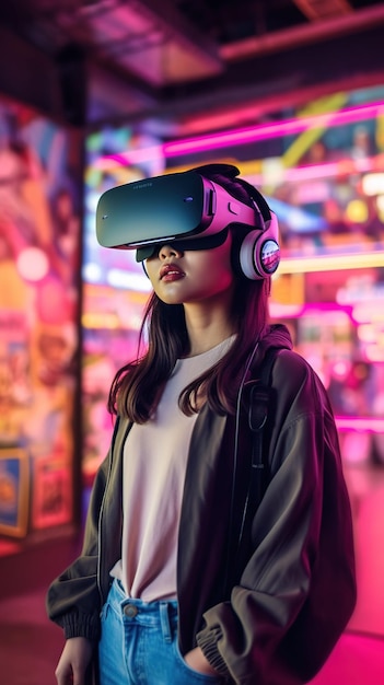 Experiência imersiva de realidade virtual Menina asiática em um centro de jogos vibrante com fone de ouvido VR