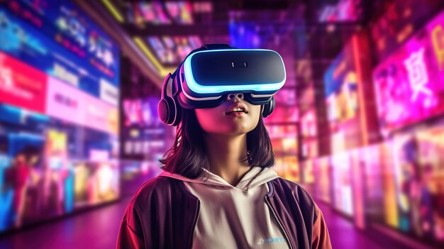 Experiência imersiva de realidade virtual Menina asiática em um centro de jogos vibrante com fone de ouvido VR