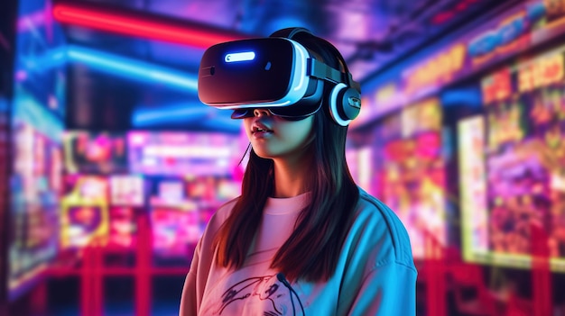 Experiencia inmersiva de realidad virtual para una chica asiática en un vibrante centro de juegos con auriculares VR