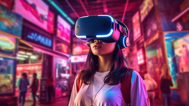 Experiencia inmersiva de realidad virtual para una chica asiática en un vibrante centro de juegos con auriculares VR