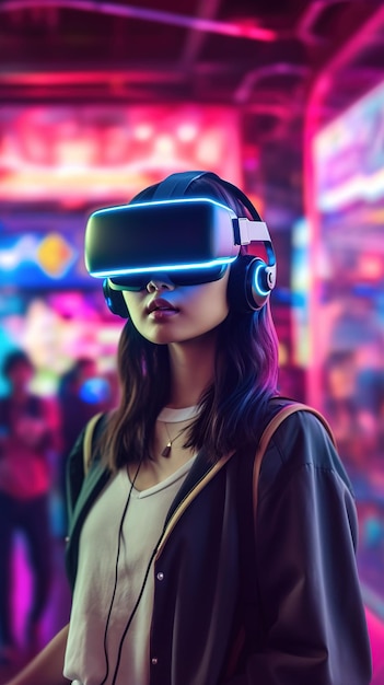 Experiencia inmersiva de realidad virtual para una chica asiática en un vibrante centro de juegos con auriculares VR