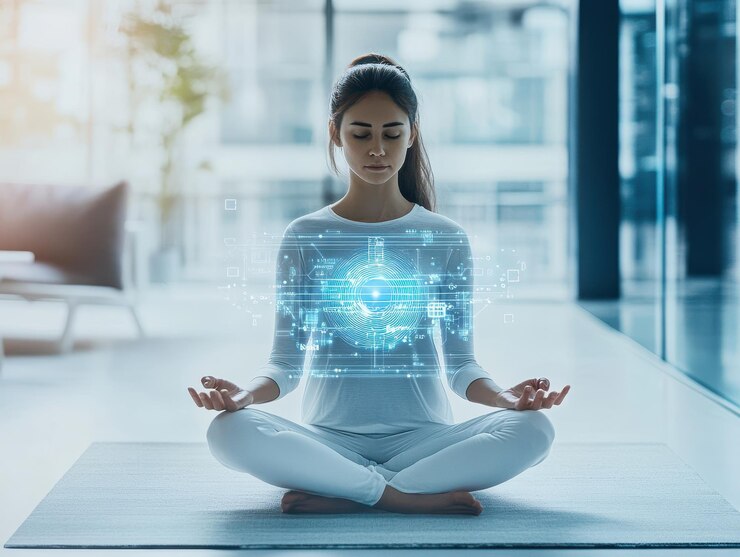 Experiencia de meditación serena con guía holográfica de IA en un entorno tranquilo