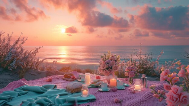 experiencia de picnic en el mar establecer una mesa al aire libre al atardecer en la playa