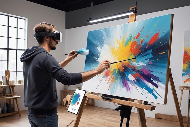 Foto experiencia de pintura de realidad virtual con pinceles de detección de movimiento en un estudio de arte con maqueta de características colaborativas