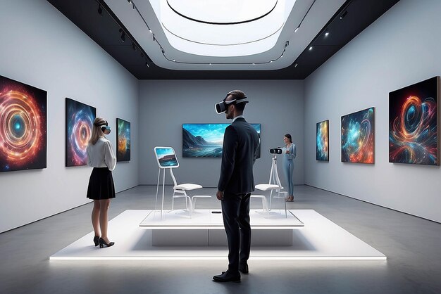 Experiencia de subasta de arte de realidad virtual en una galería futurista con pujas y actualizaciones en tiempo real