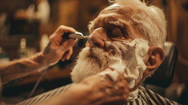 Experiencia tradicional en la barbería Un caballero anciano recibiendo un afeitamiento profesional