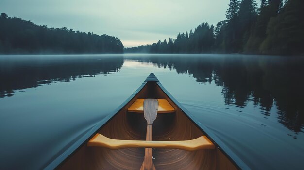 Experimenta la serenidad de la naturaleza mientras te embarcas en un tranquilo paseo en canoa rodeado por el resplandor etéreo de la luz de la madrugada que proyecta un reflejo como un espejo sobre las aguas tranquilas.