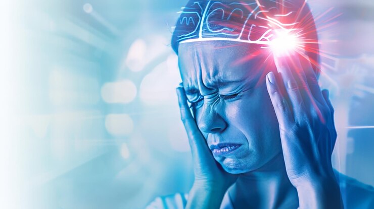 Experimentando un dolor de cabeza Foto de stock con Copyspace para conceptos relacionados con la salud o el estrés