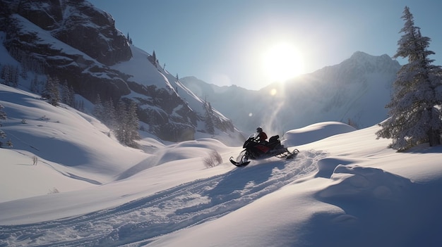 Experimente a adrenalina de uma aventura de moto de neve enquanto explora vastas paisagens nevadas deslizando por pó intocado e conquistando colinas íngremes Gerado por IA