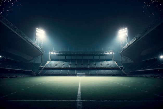Experimente a magia de um estádio desocupado à noite, onde a escuridão acentua sua grandeza, ideal para uma variedade de conceitos gerados por IA