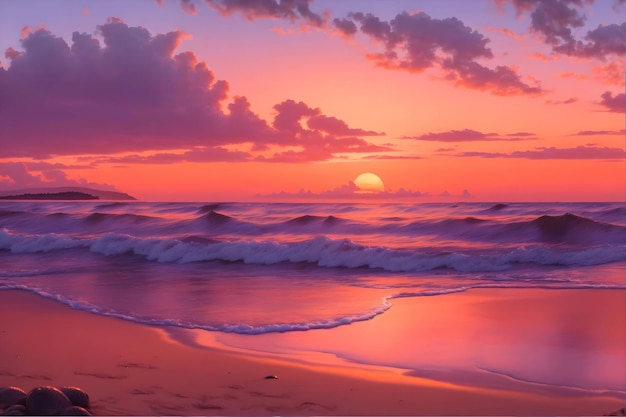 Experimente a tranquilidade de uma praia ao pôr do sol com esta representação artística gerada ai