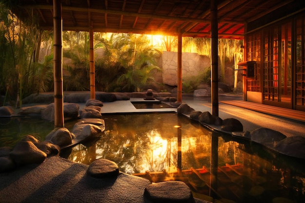 Experimente el ambiente rejuvenecedor de un spa de bienestar donde las piedras de bambú y el agua crean un retiro tranquilo