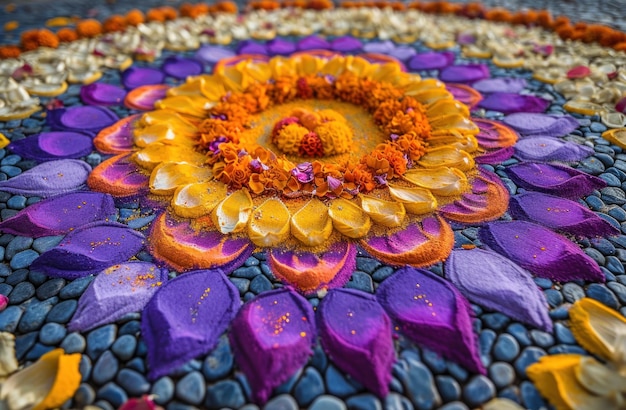 Experimente la animada transformación de la imagen de decoración tradicional del festival rangoli de la india gudi padwa