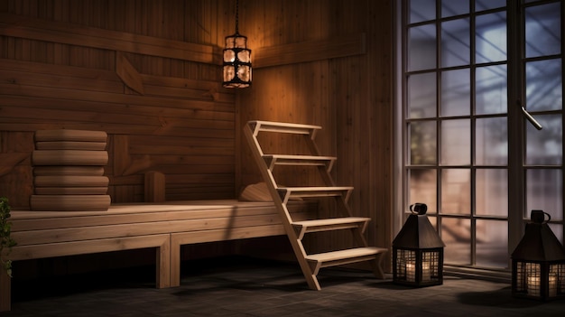 Experimente el cálido abrazo de una sauna tradicional con sus paredes de madera, la estufa de sauna y los acogedores bancos de madera en un pequeño hogar.