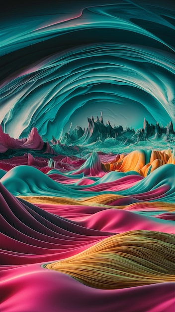 Experimente la energía dinámica de esta pieza de arte digital abstracta ondas vibrantes de oro rosa turquesa crean una textura fluida hipnotizante fondo artístico fresco con paisaje alienígena de fantasía