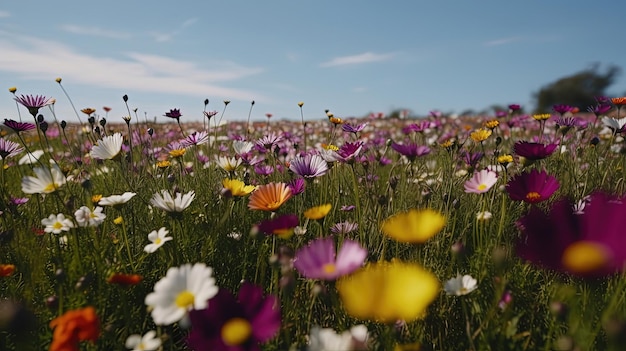 Experimente la impresionante belleza de un campo repleto de flores en flor retratadas en una fascinante resolución de 8K Generada por IA