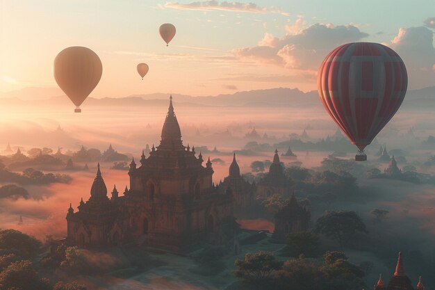 Experimente o amanhecer surreal em Bagan, Mianmar, através de um ai generativo.