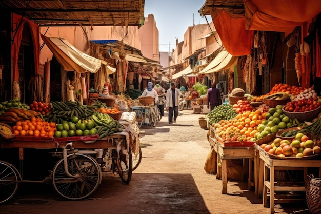 Experimente o ambiente animado e diversificado de um mercado movimentado cheio de uma abundância de frutas e vegetais coloridos e nutritivos Um mercado de rua animado em Marraquexe Gerado por IA