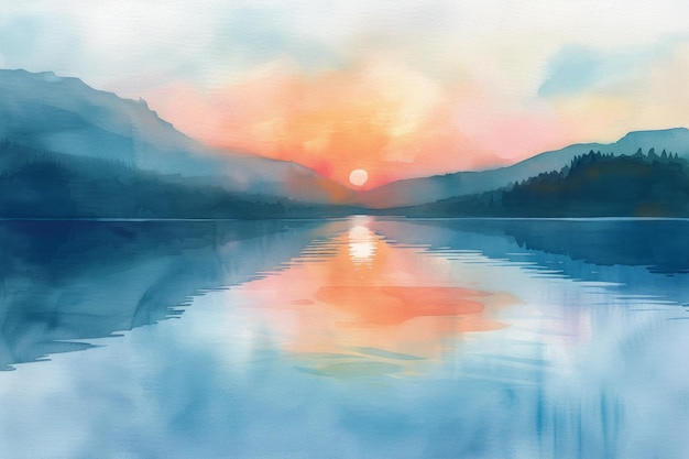 Experimente la tranquila belleza de una pintura a la acuarela que representa un amanecer reflejado en las aguas tranquilas de un lago sereno